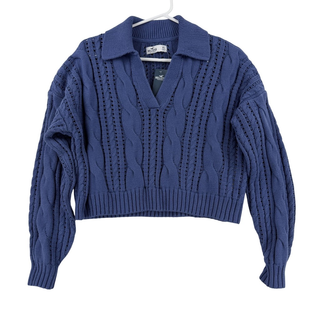 Hollister Sweater Womens XS Blue Cable Knit Collared V Neck Cropped Pullover
